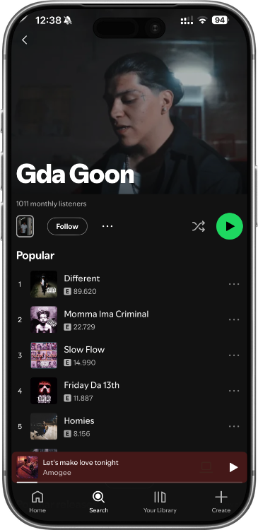 GDA Goon Spotify profile showing 215,400 monthly listeners